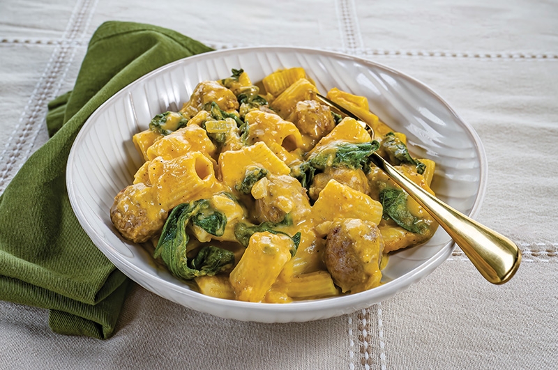 Pumpkin Rigatoni with Sausage and Spinach